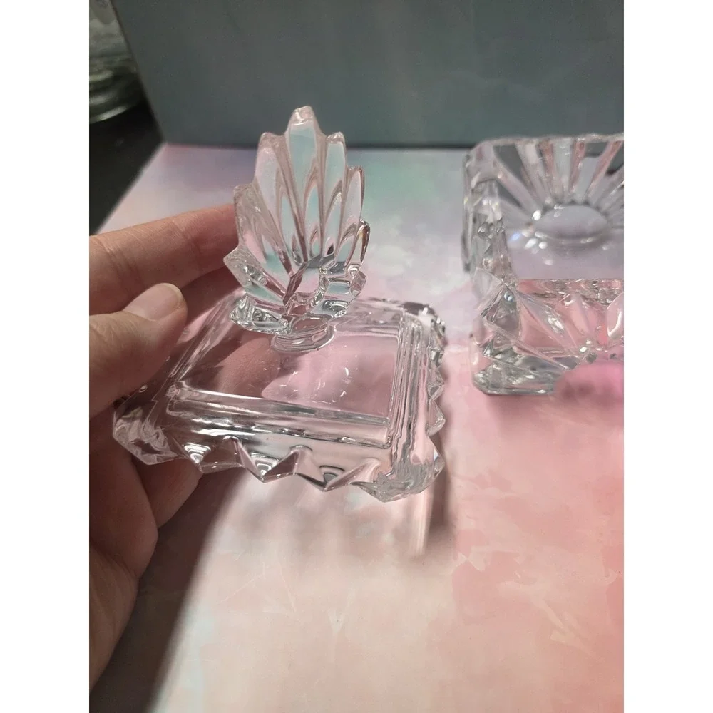 Vintage clear cut glass trinket box with a lid, Chip On Finial See Pics